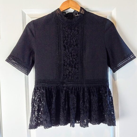 Lulus Elenia Black Lace Crochet Cotton Peplum Top - Picture 2 of 6